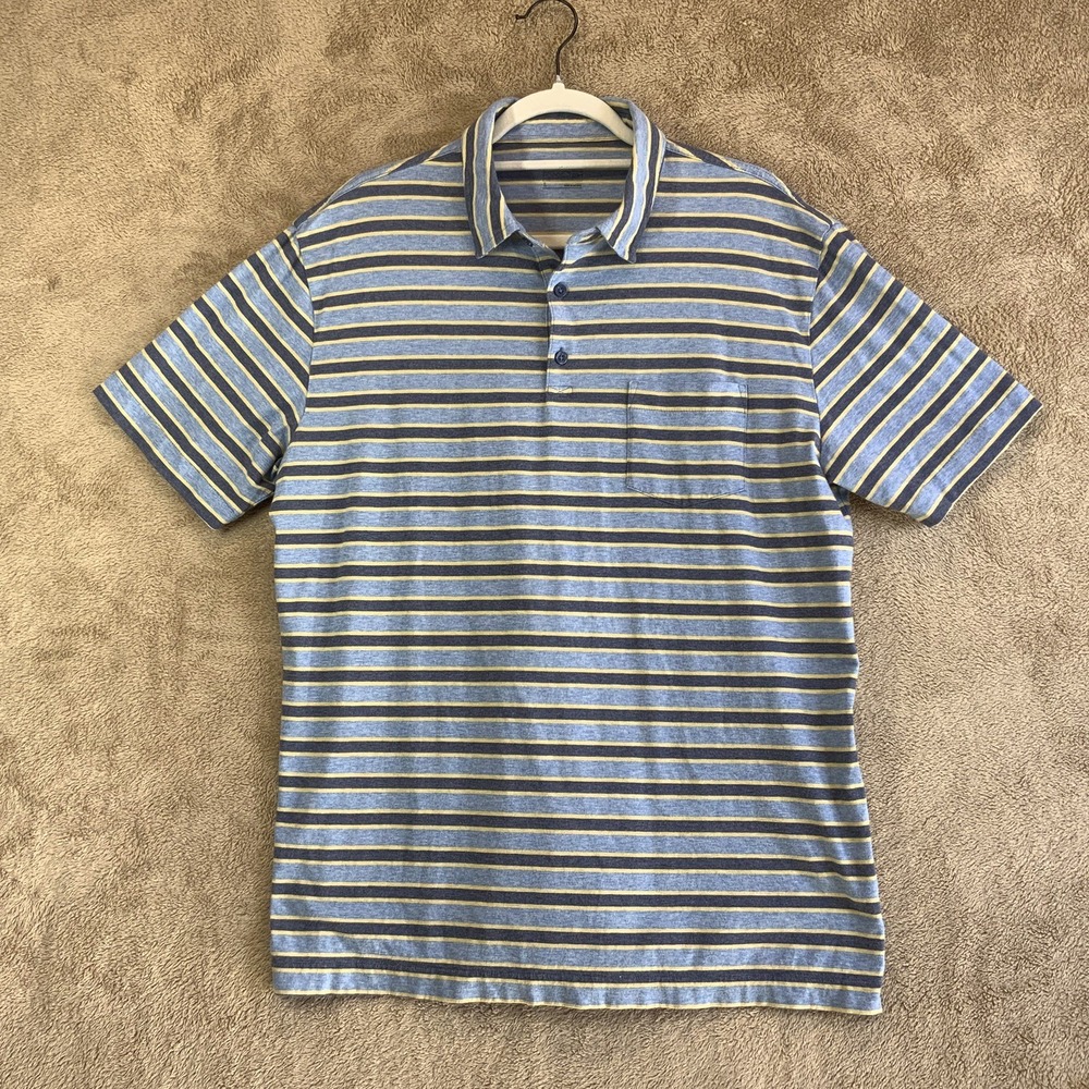 Patagonia Polo Shirt Mens Large Blue Yellow‎ Stripes Short Sleeve Organic Cotton